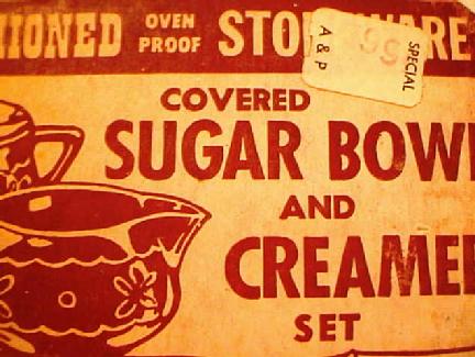A & P price sticker on original box of a Mar-crest sugar bowl and creamer set